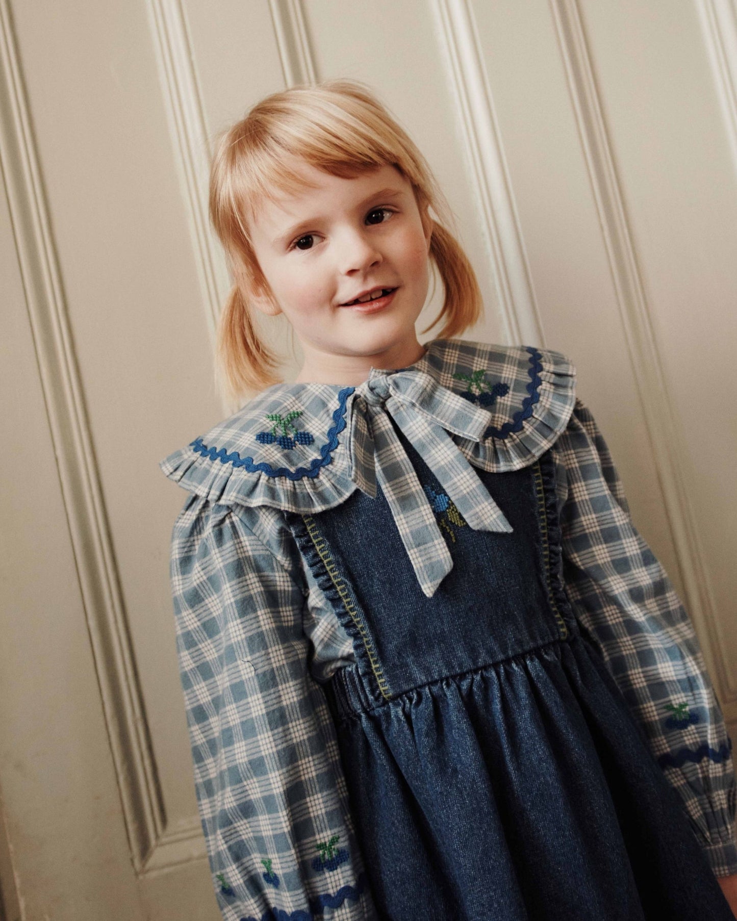 Blouse - Grand col carreaux bleus