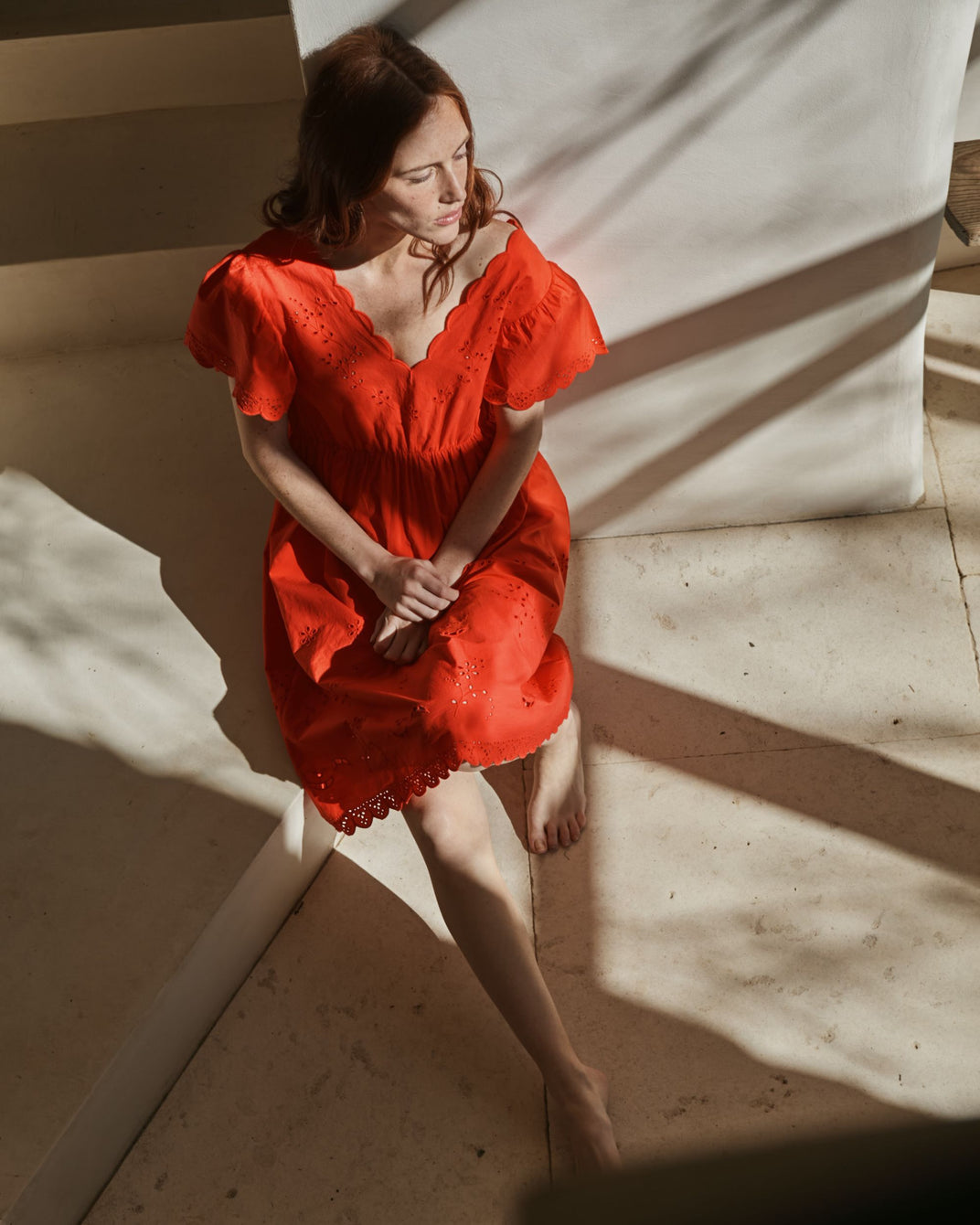 Robe - Festonnée broderie anglaise rouge