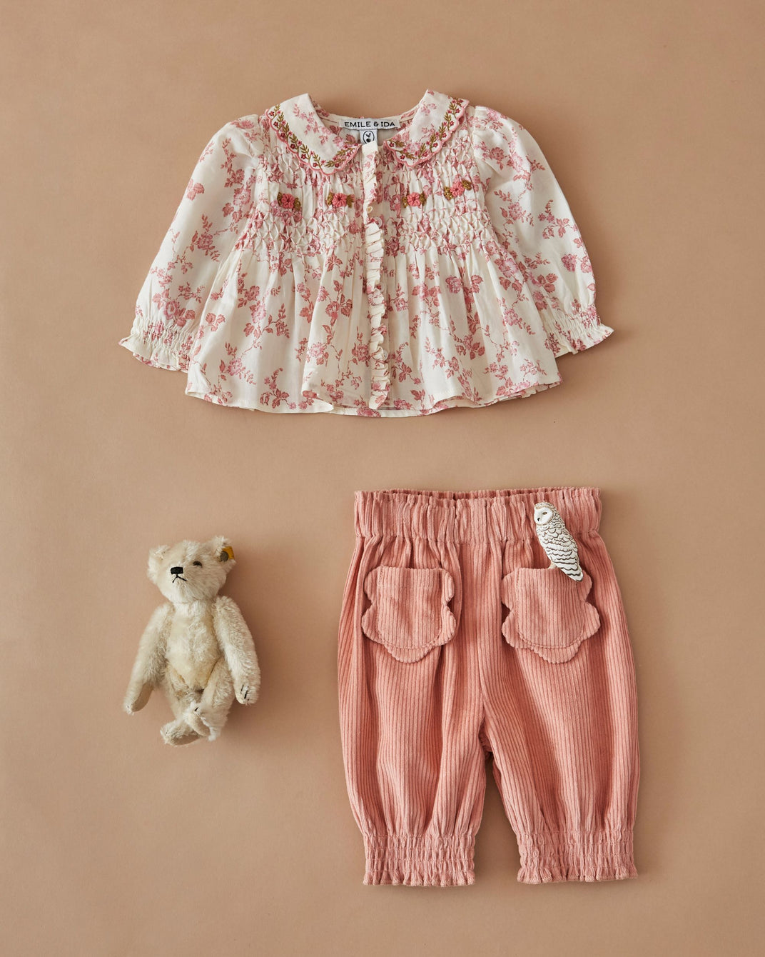 Pantalon bébé - Velours poches fleurs rose
