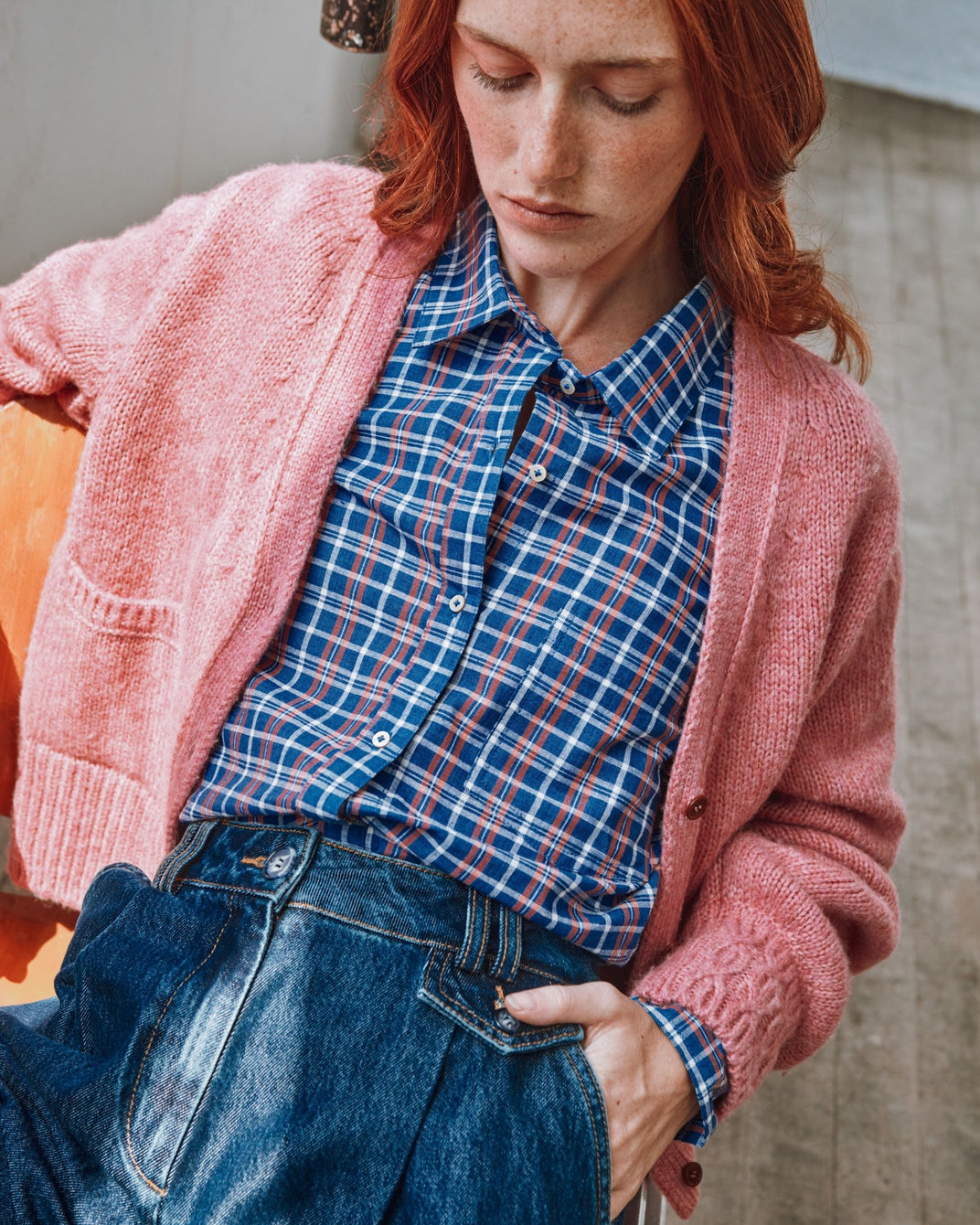 Chemise khadi à carreaux bleu et rouge