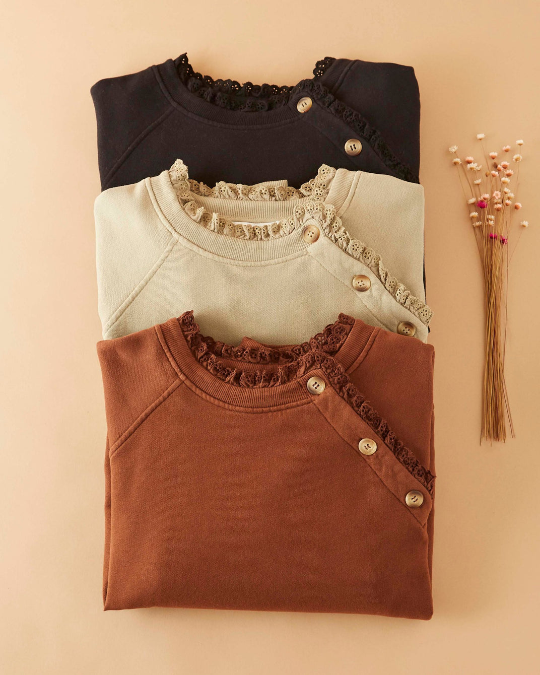 Sweat broderie anglaise coton bio kaki