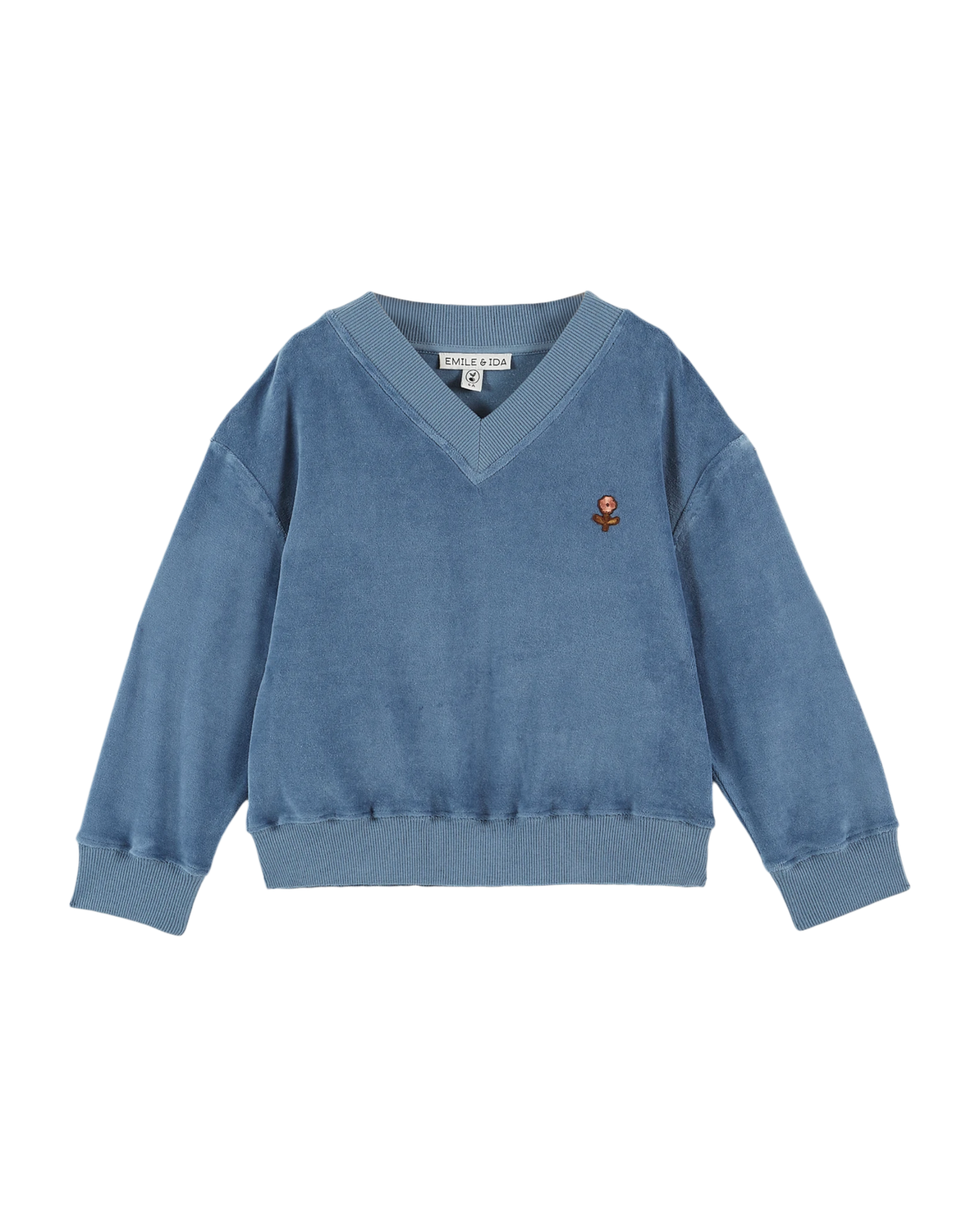 Sweat velours col V bleu