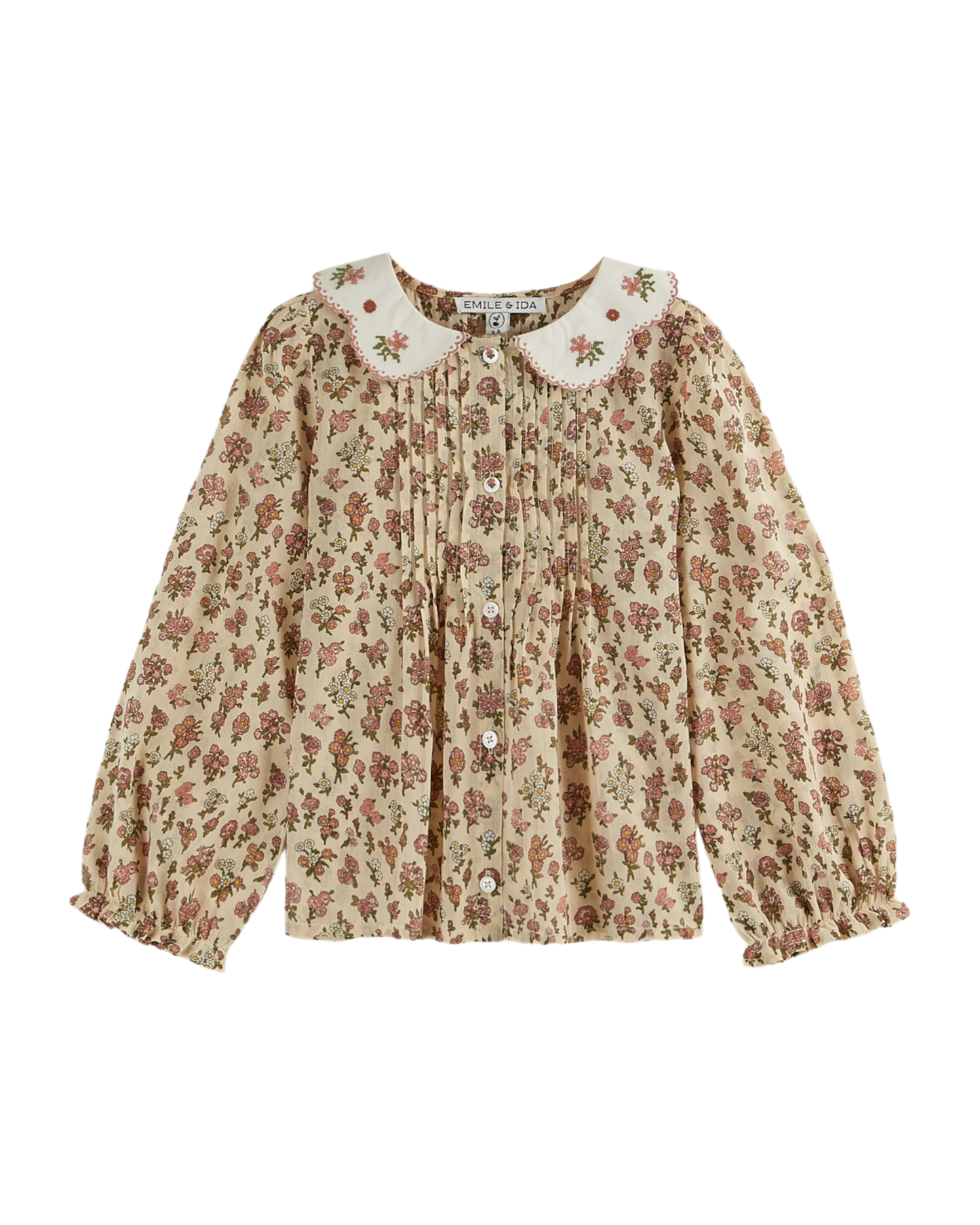Blouse col brodé champêtre rose