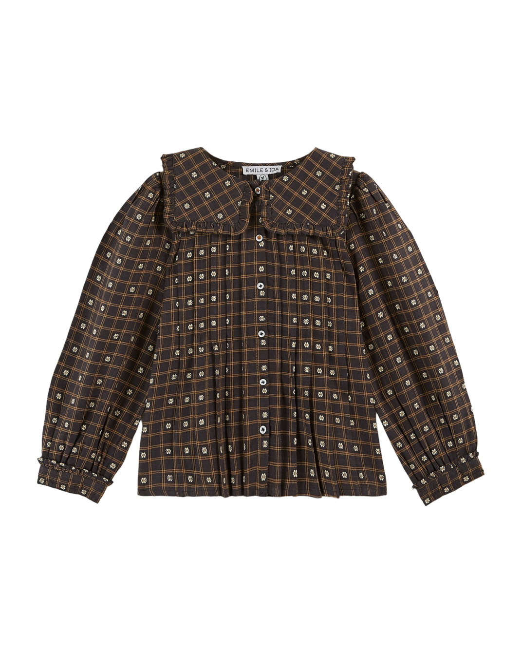 Blouse col carré carreaux et fleurs noir