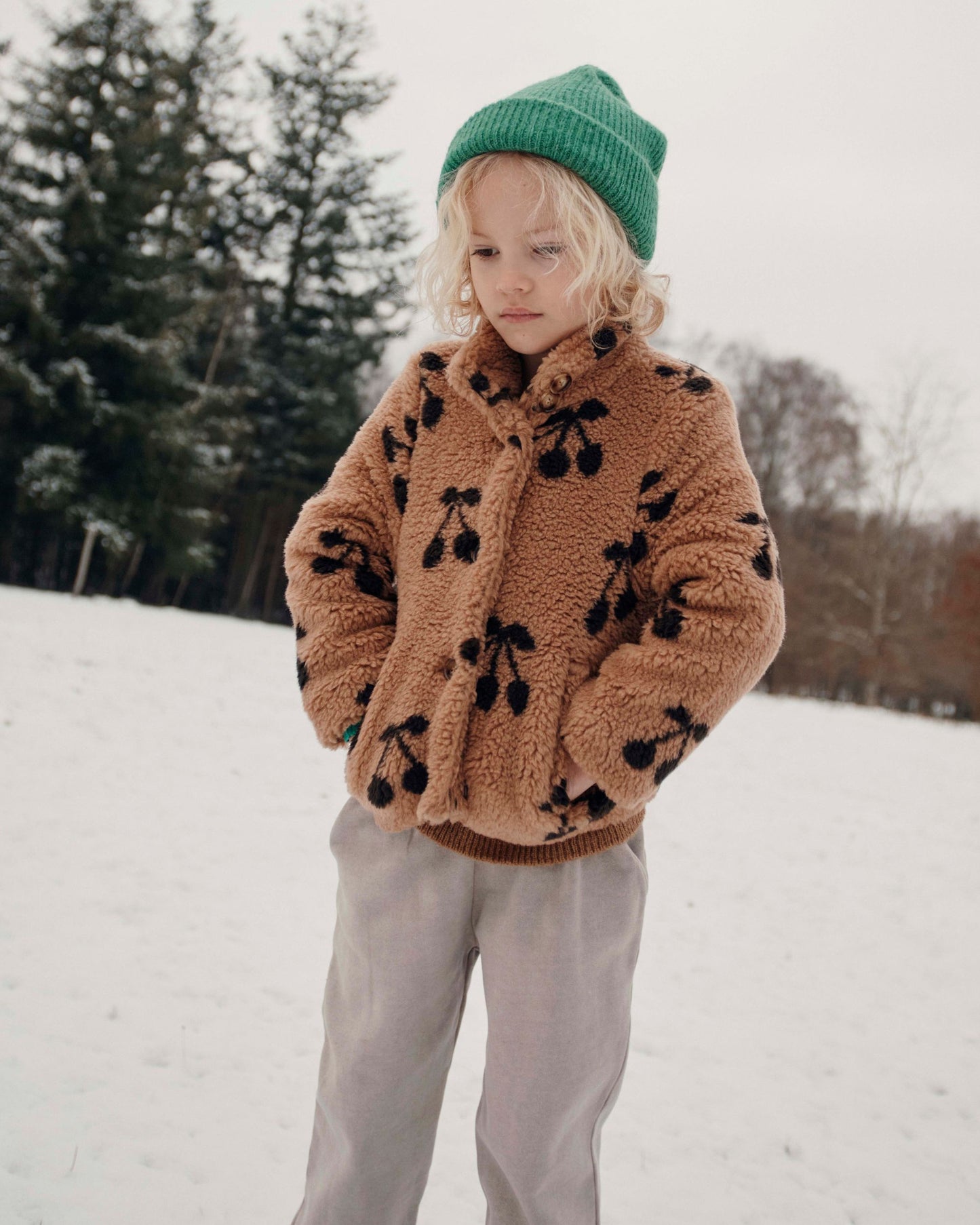 Manteau enfant cerises sherpa caramel