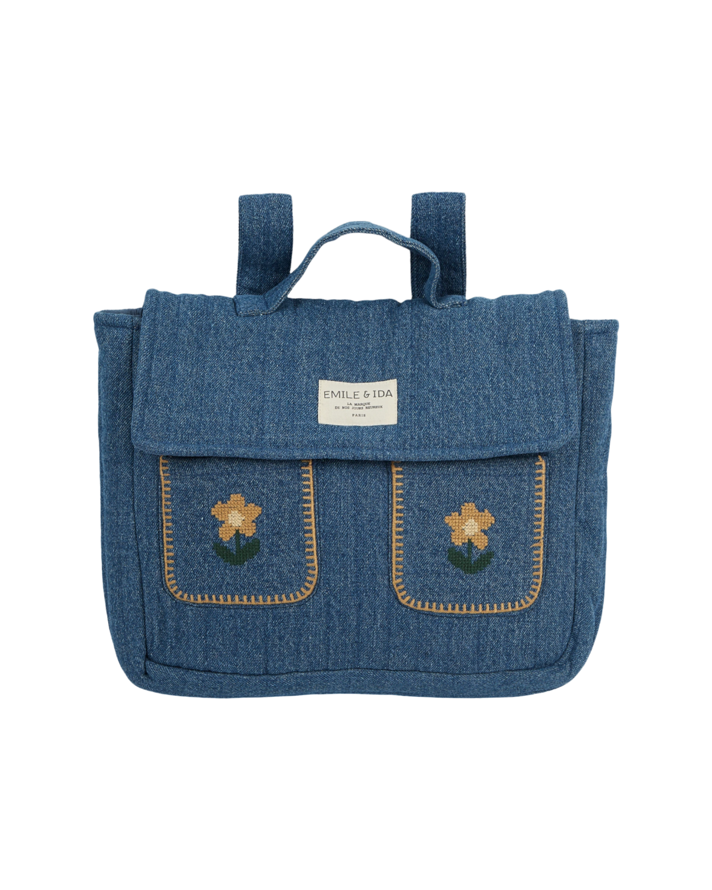Denim embroidered quilted satchel