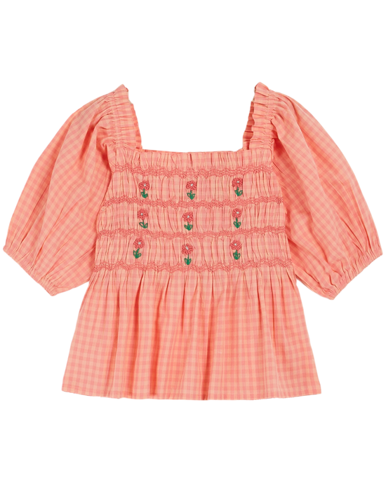 emile et ida Blouse brodée smockée vichy pivoine
