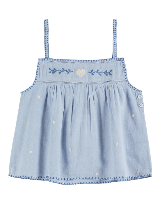 emile et ida Top broderie coeur bleu clair
