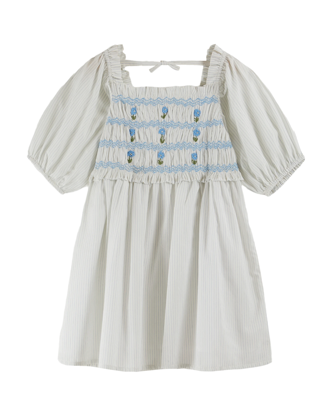 Sky blue striped smocked embroidered dress