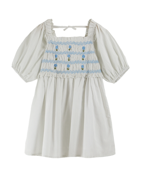 emile et ida Robe brodée smockée rayures ciel