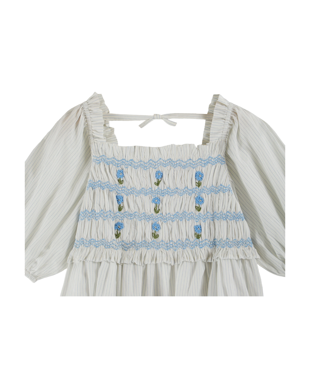 Sky blue striped smocked embroidered dress