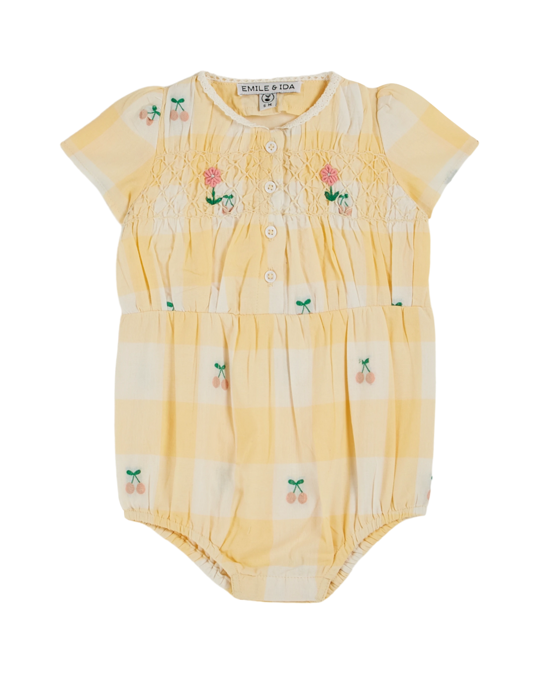 Yellow gingham cherry smocked combi-bloomer