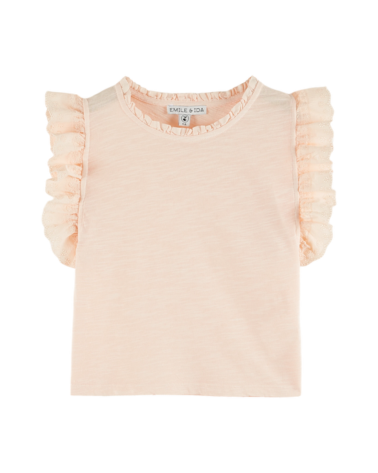 emile et ida T-shirt coton bio broderie anglaise rose pastel