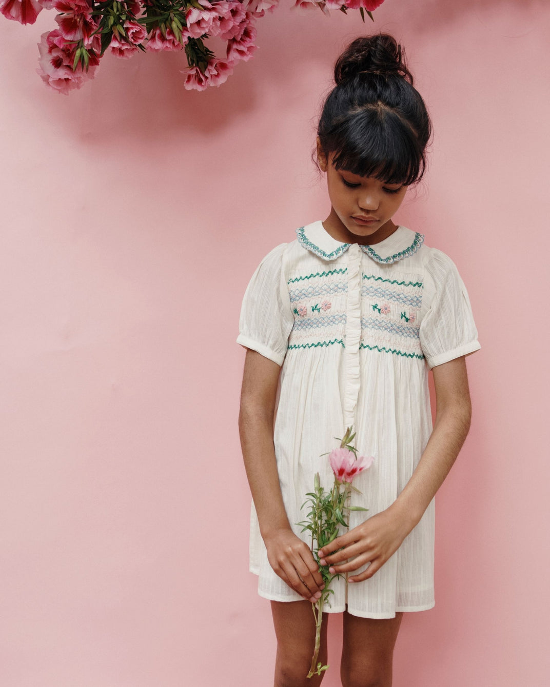 Ecru hand-smocked embroidered dress