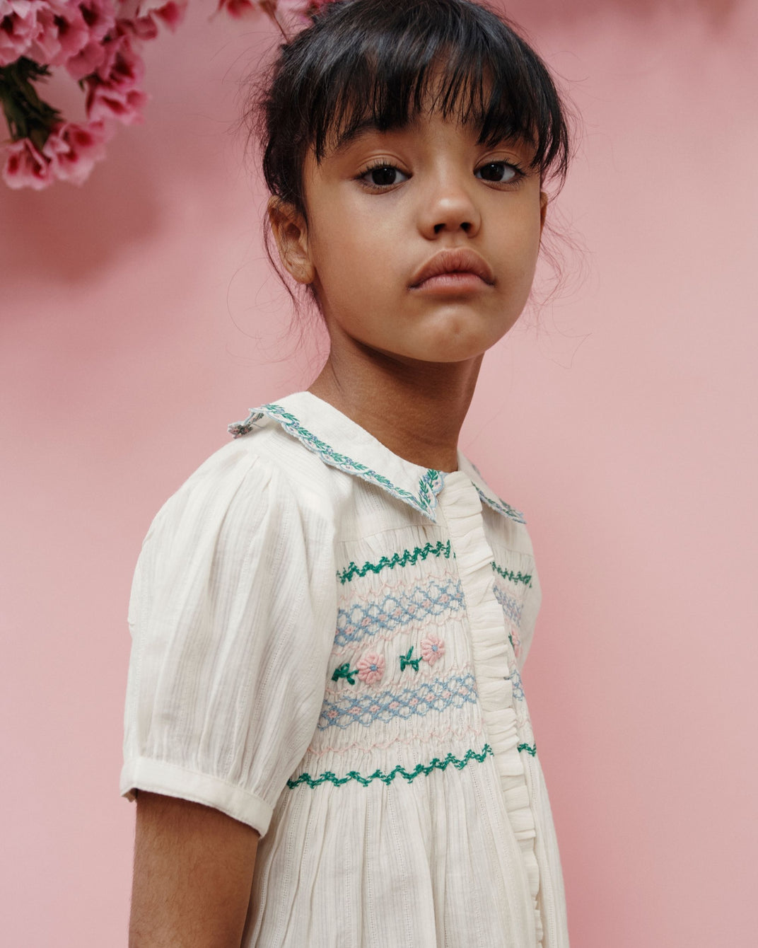 Ecru hand-smocked embroidered dress