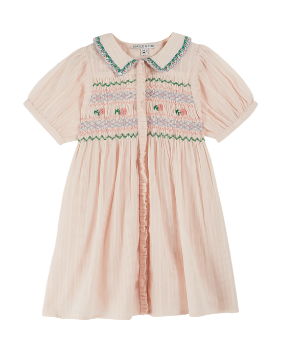 emile et ida Robe brodée smockée main rose pastel