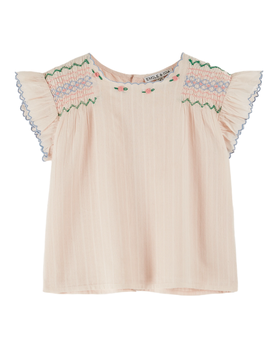 emile et ida Blouse brodée smockée main rose pastel