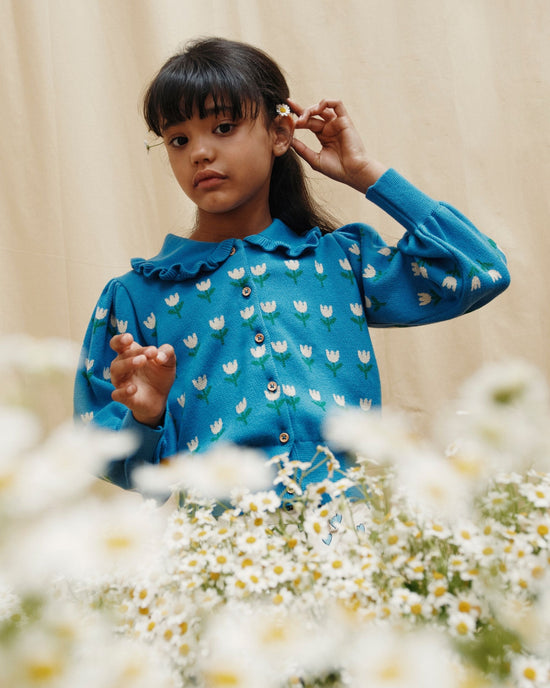 emile et ida Cardigan volanté coton bio jacquard lagon
