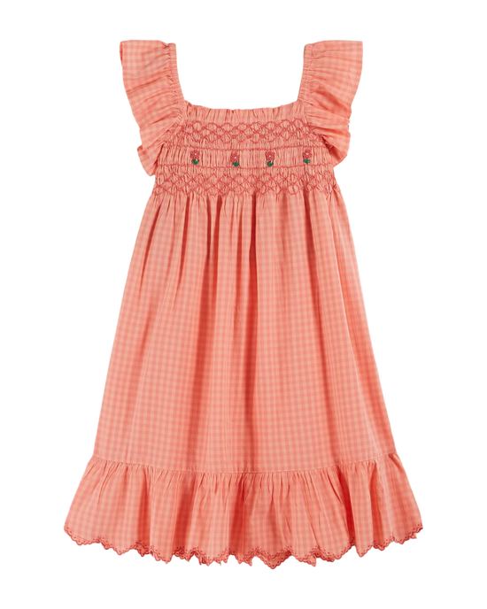 emile et ida Robe brodée smockée vichy pivoine