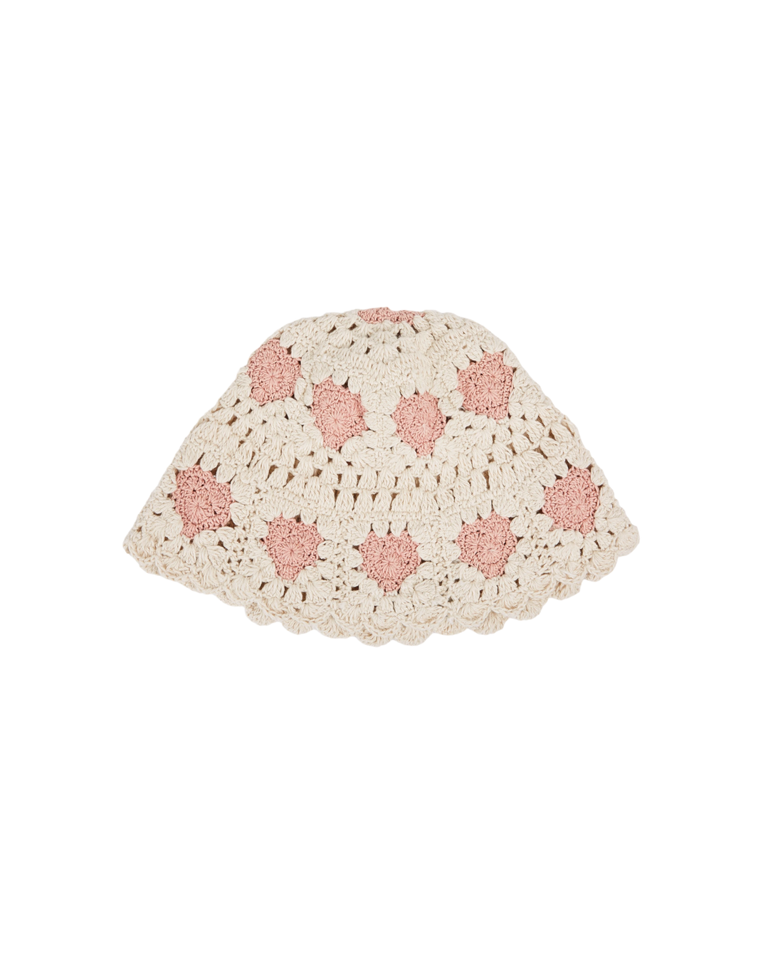 Crocheted ecru and pink heart hat