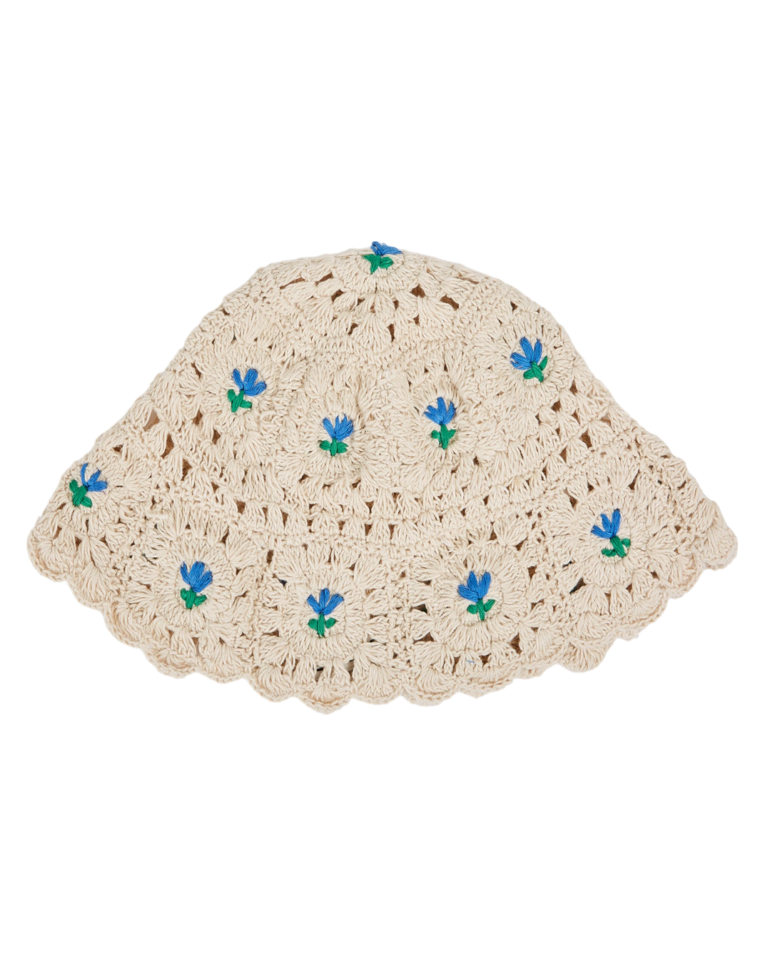 Ecru crochet hat with blue tulips