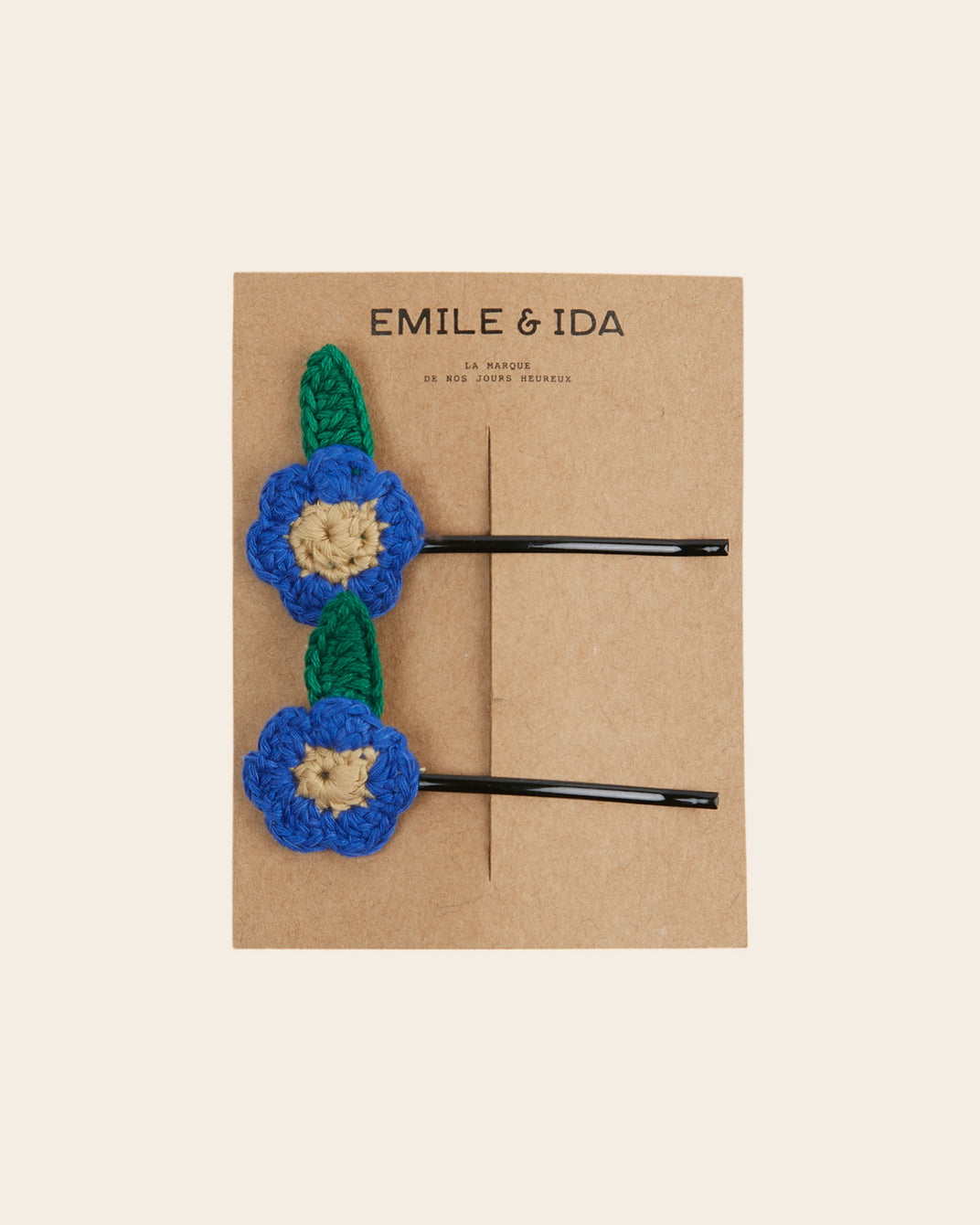 2 barrettes fines à fleurs en crochet bleu