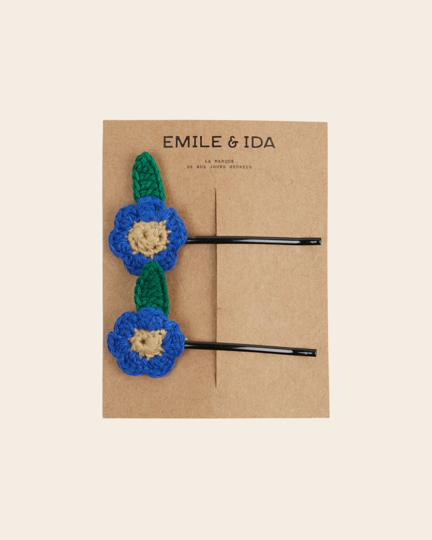 2 barrettes fines à fleurs en crochet bleu