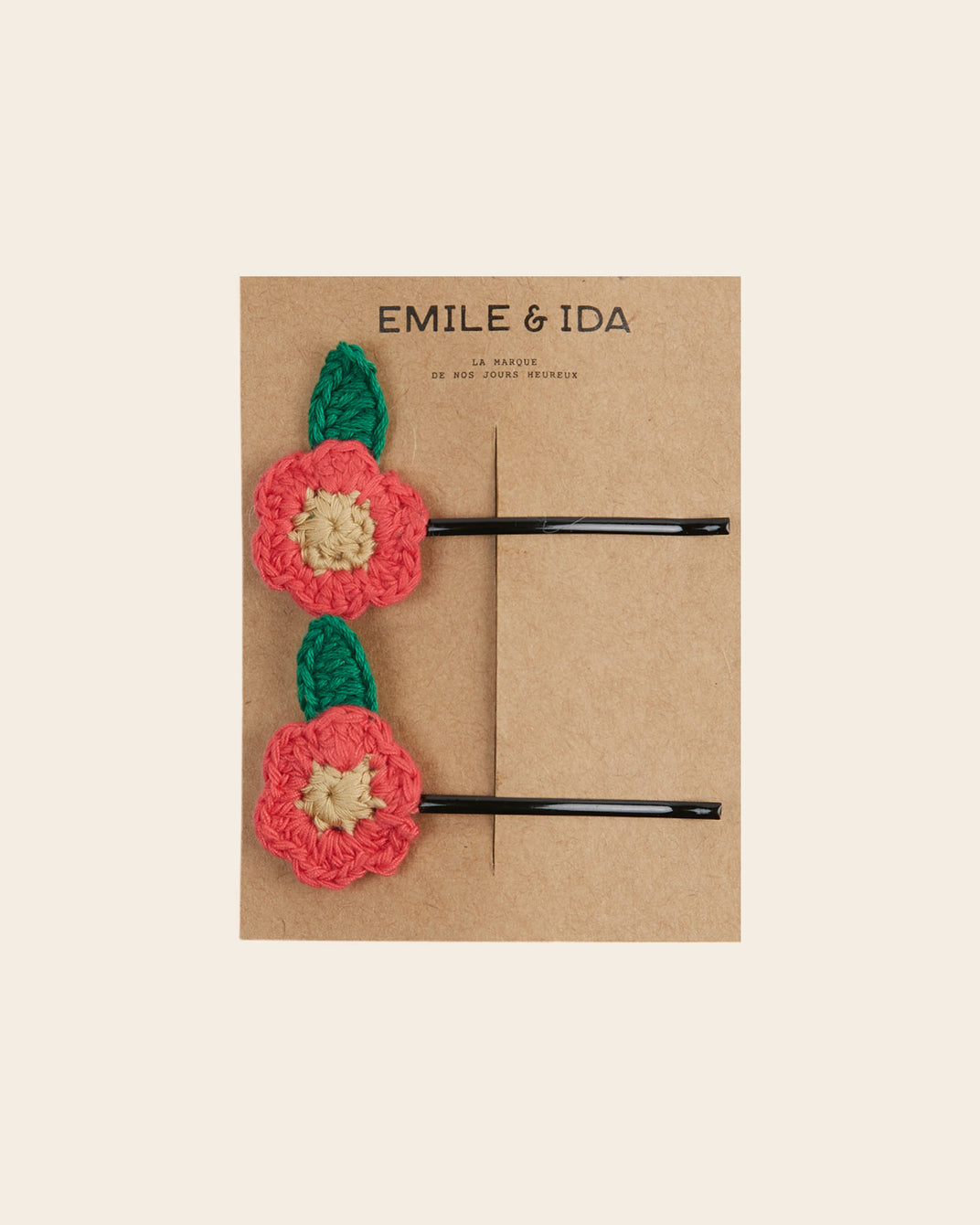 2 barrettes fines à fleurs en crochet rouge