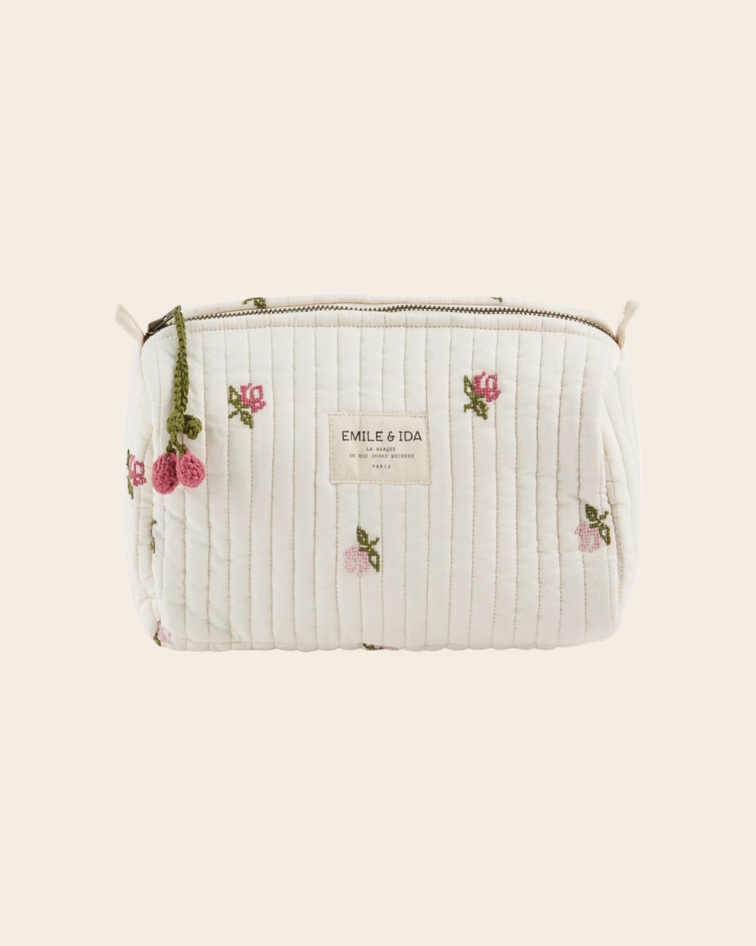 Trousse de toilette rose brodée écru