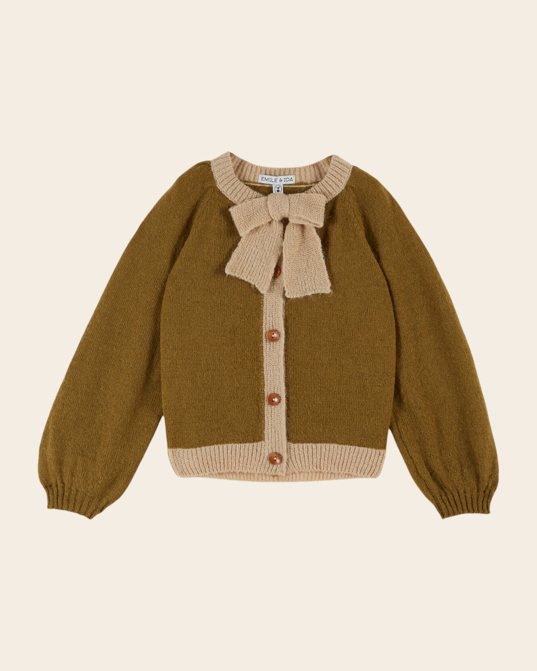 Cardigan col noué olive et beige
