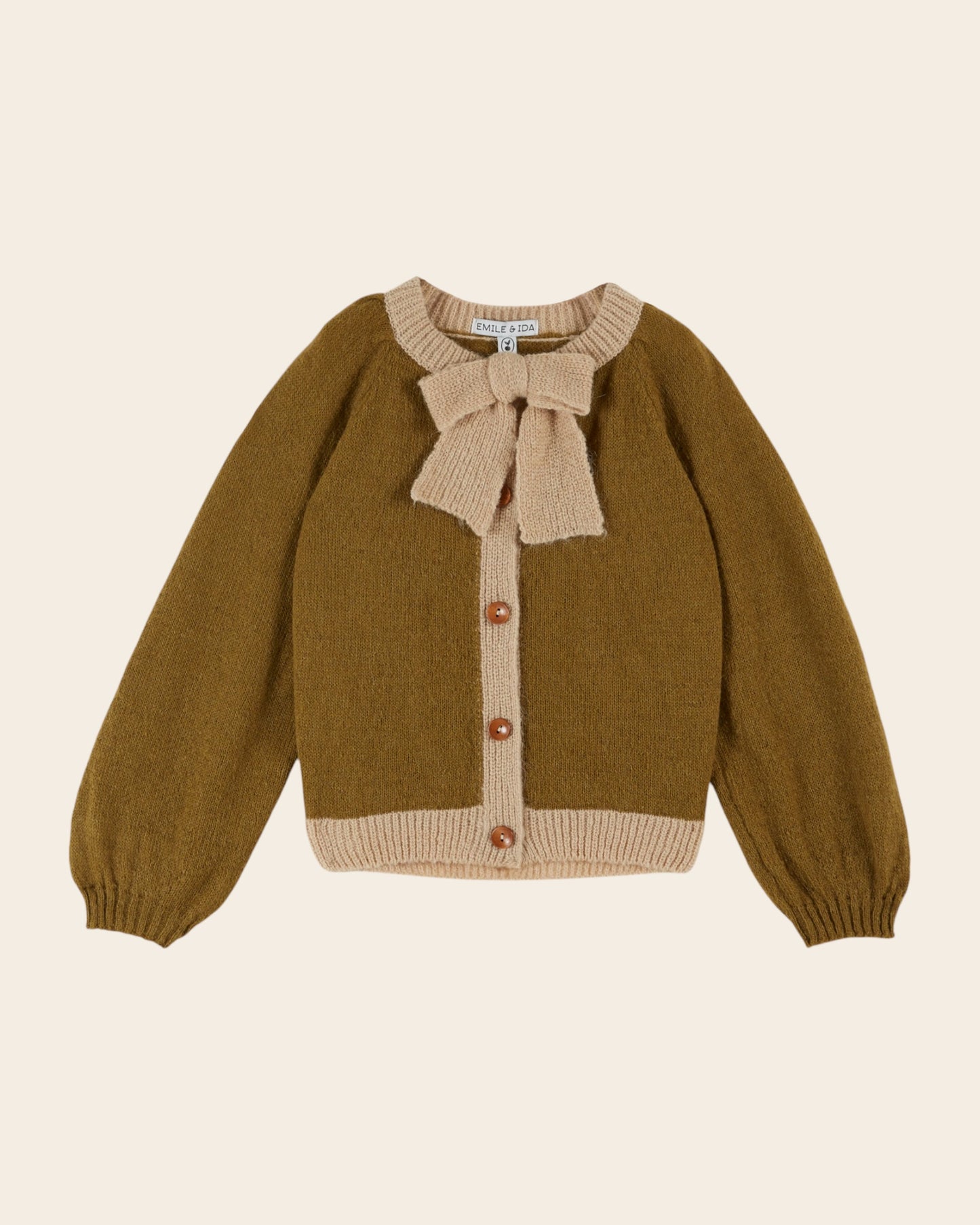 Cardigan col noué olive et beige