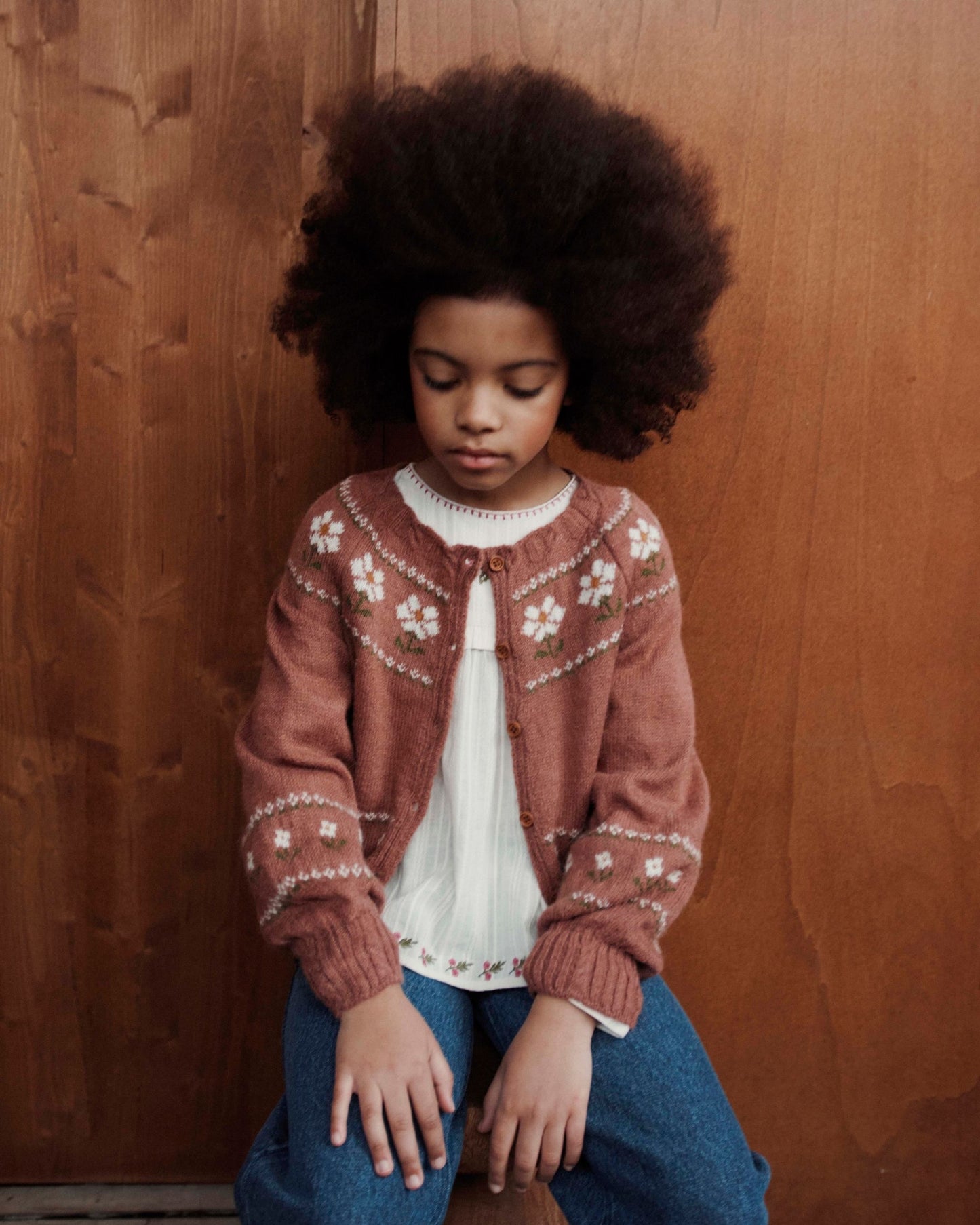Cardigan jacquard marguerite bois de rose