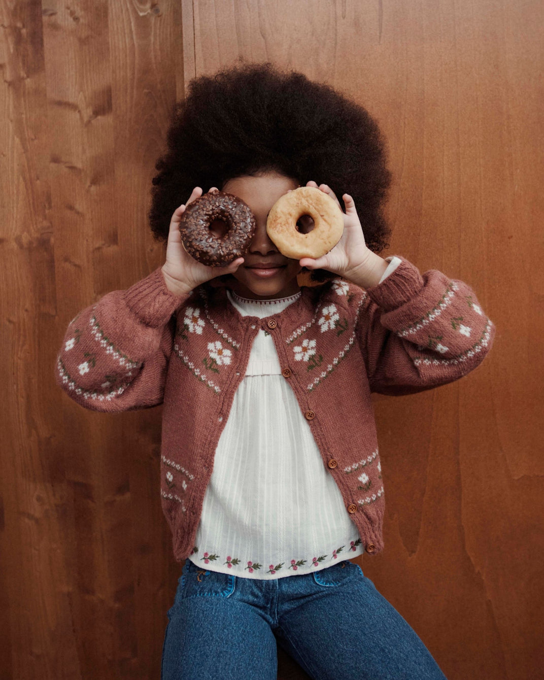 Cardigan jacquard marguerite bois de rose