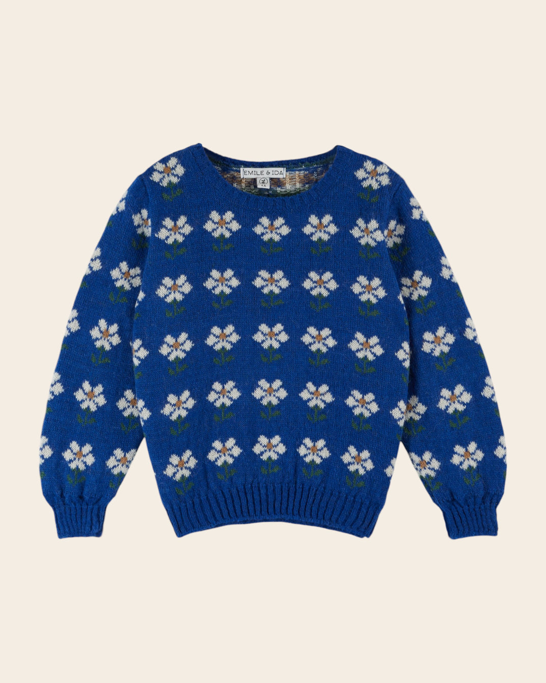 Pull jacquard fille marguerite bleu royal