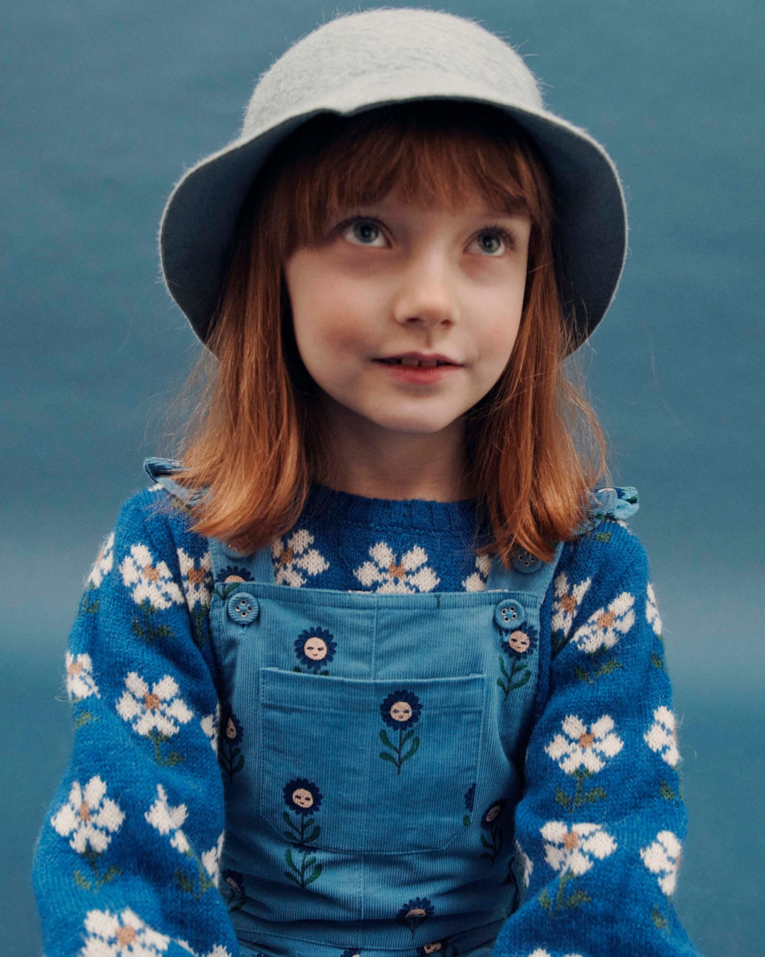 Pull jacquard fille marguerite bleu royal