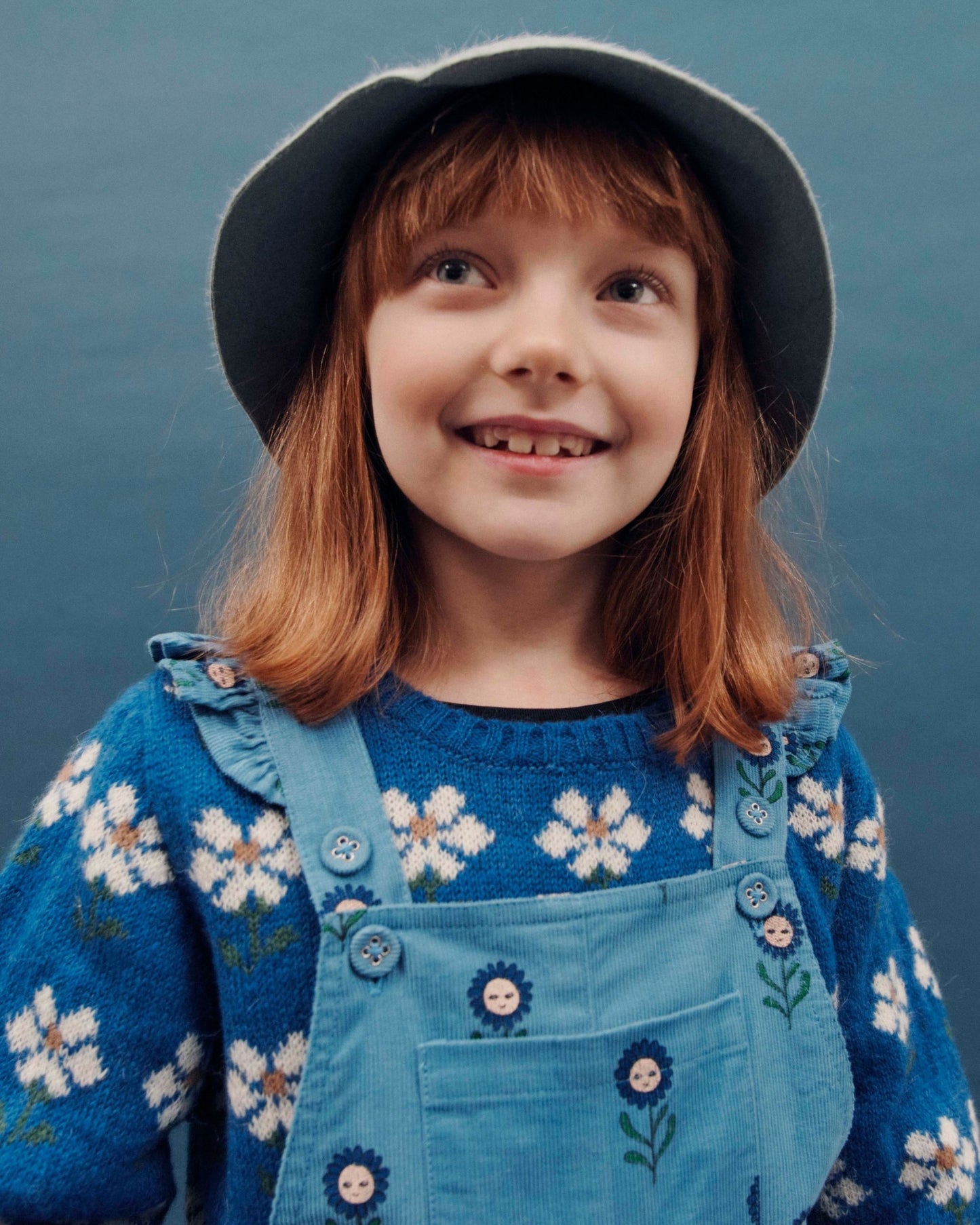 Pull jacquard fille marguerite bleu royal