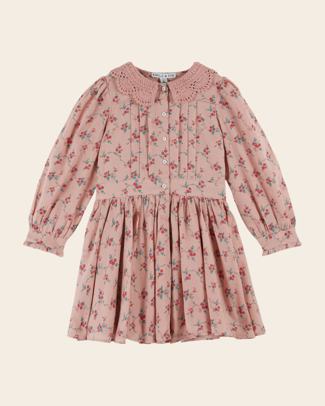 Robe col crochet rose à fleurs rouges