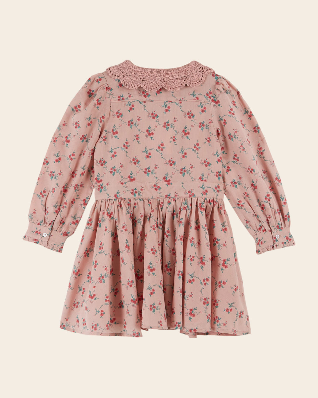 Robe col crochet rose à fleurs rouges