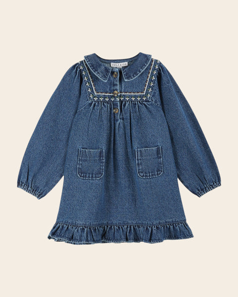 Robe brodée denim bleu