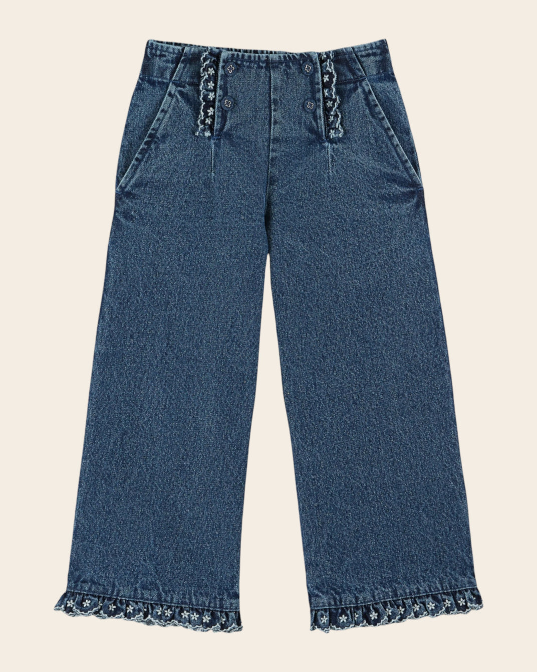 denim embroidered bridge pants