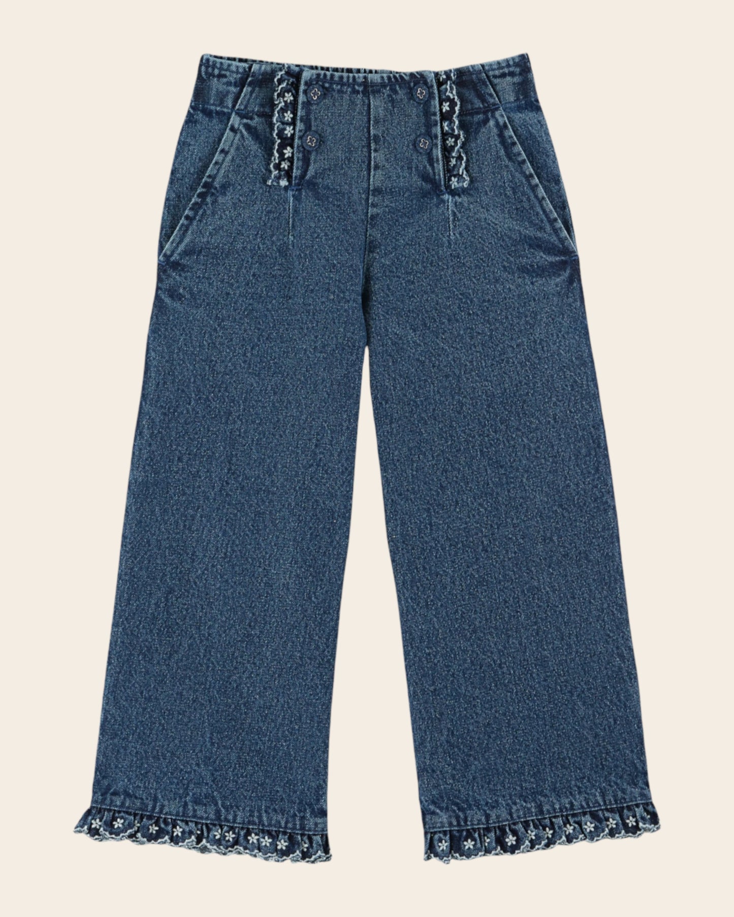denim embroidered bridge pants