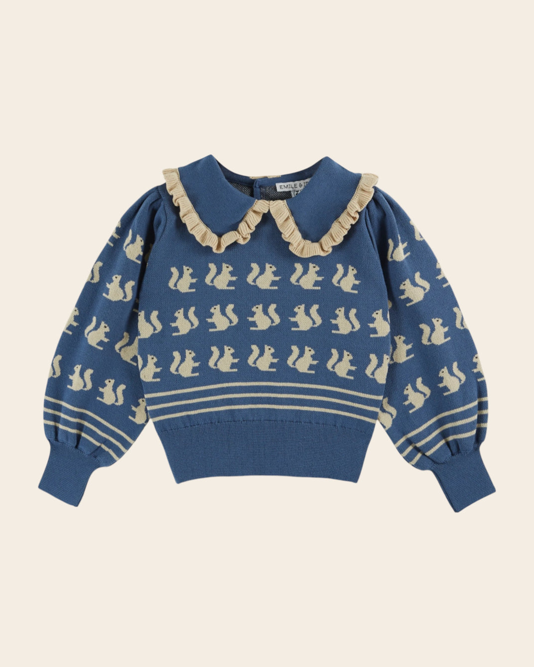 Pull jacquard écureuils coton bio bleu