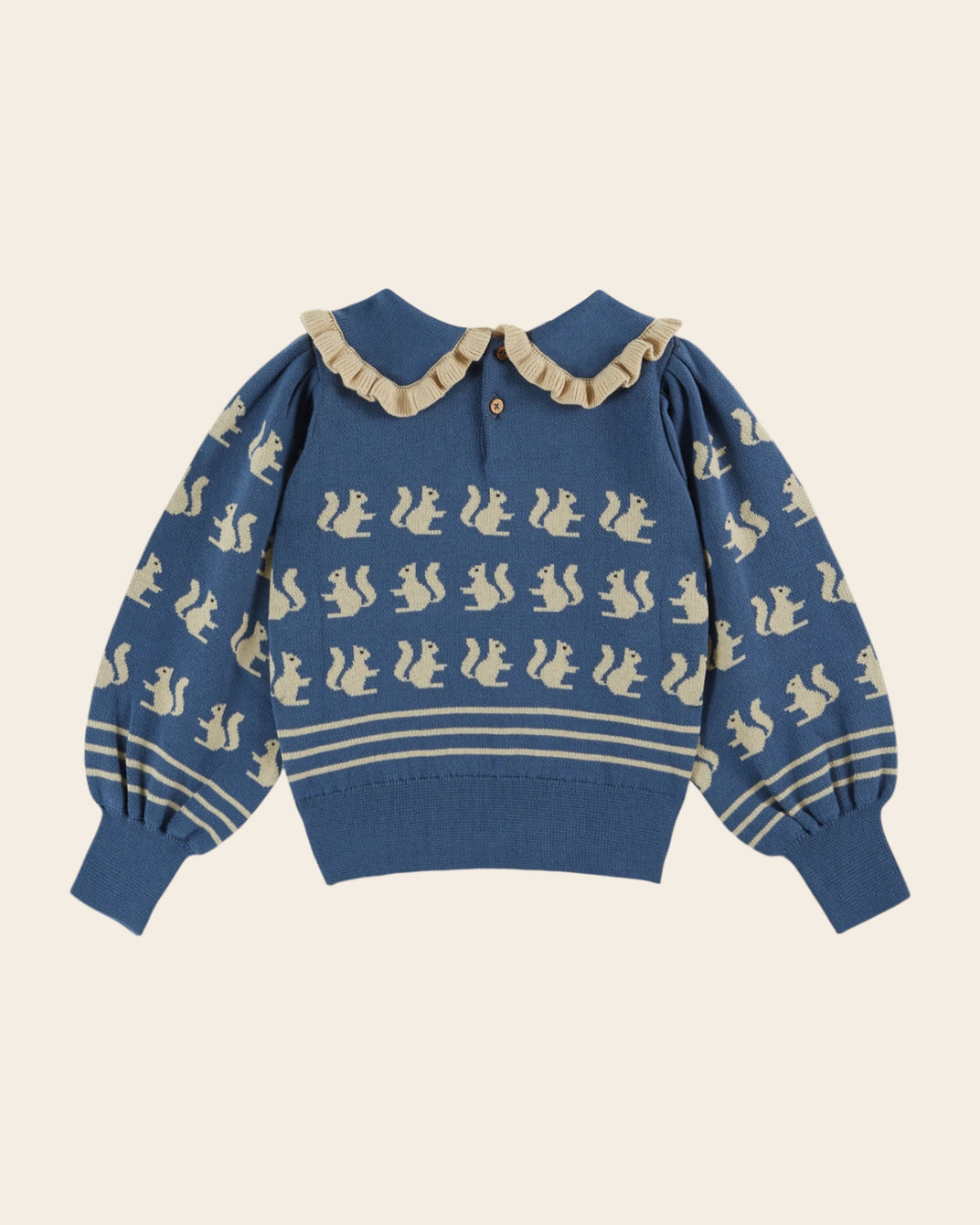 Pull jacquard écureuils coton bio bleu