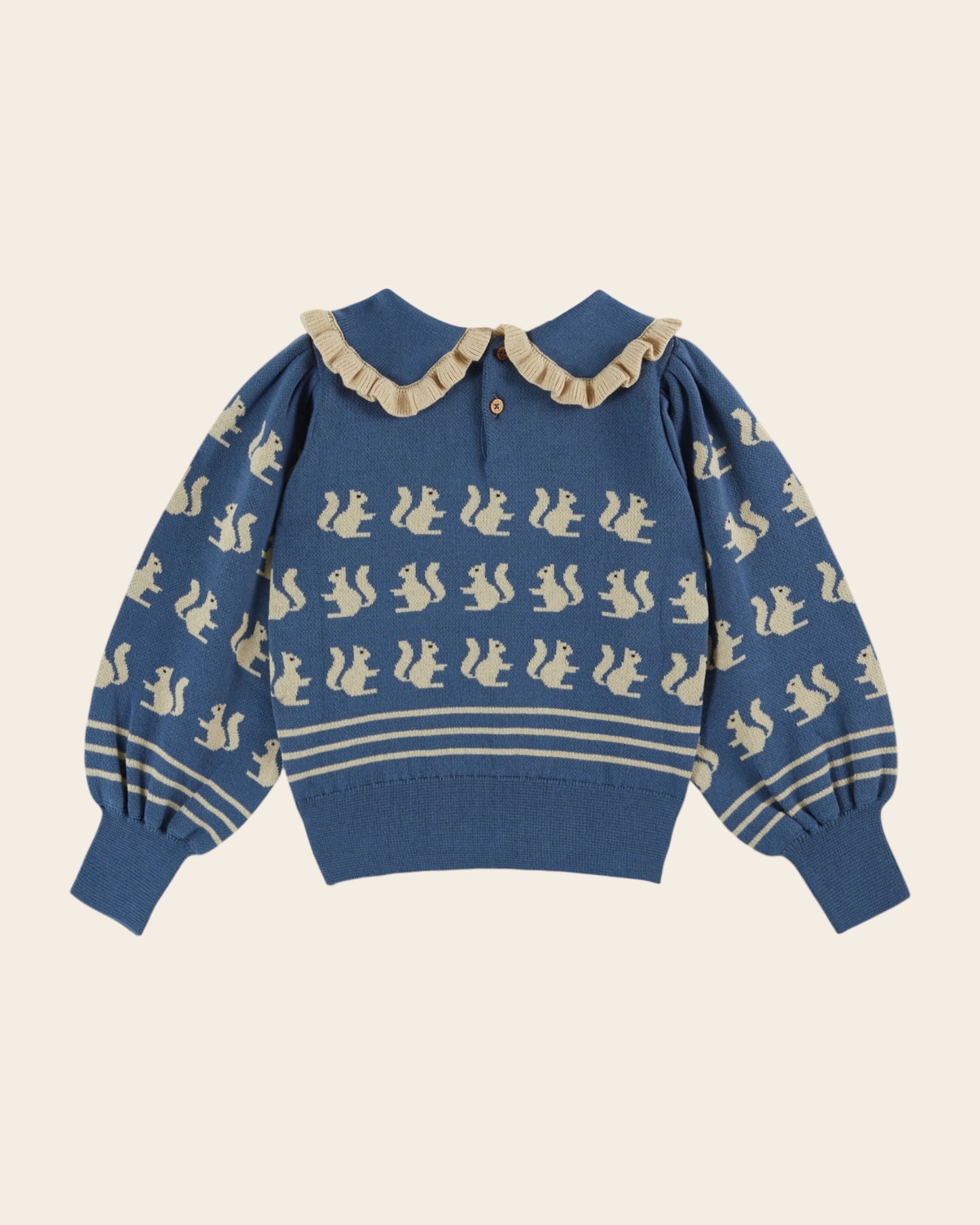 Pull jacquard écureuils coton bio bleu