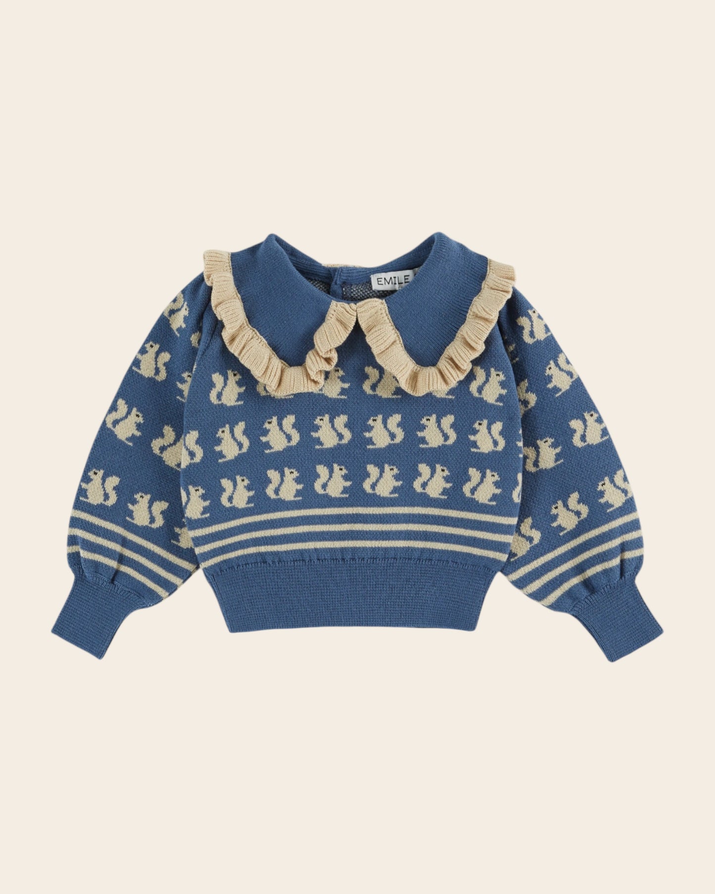 Pull jacquard écureuils coton bio bleu
