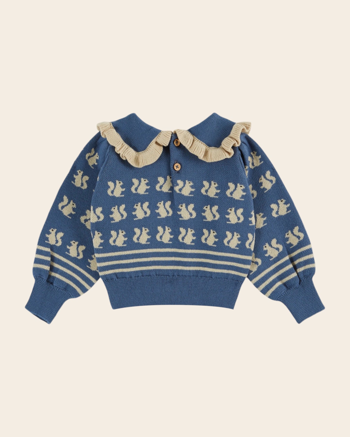 Pull jacquard écureuils coton bio bleu