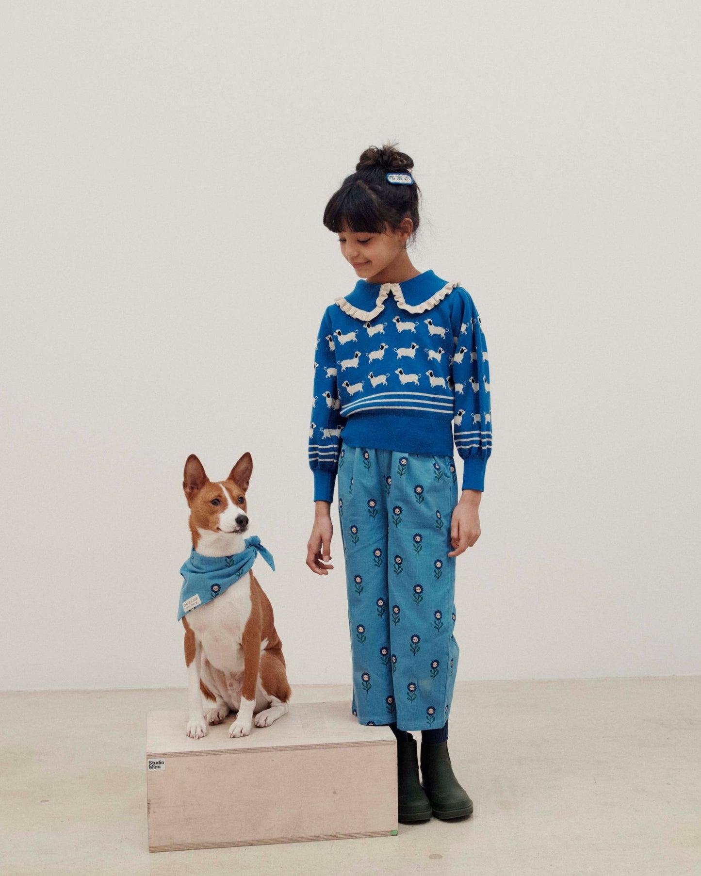 Pull fille teckels coton bio bleu royal