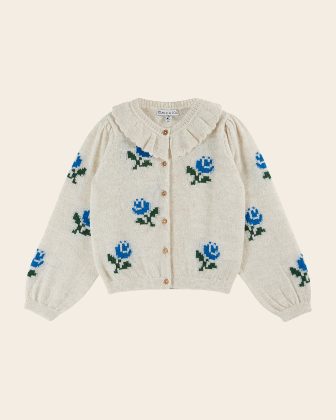 Cardigan col volanté fleurs écru