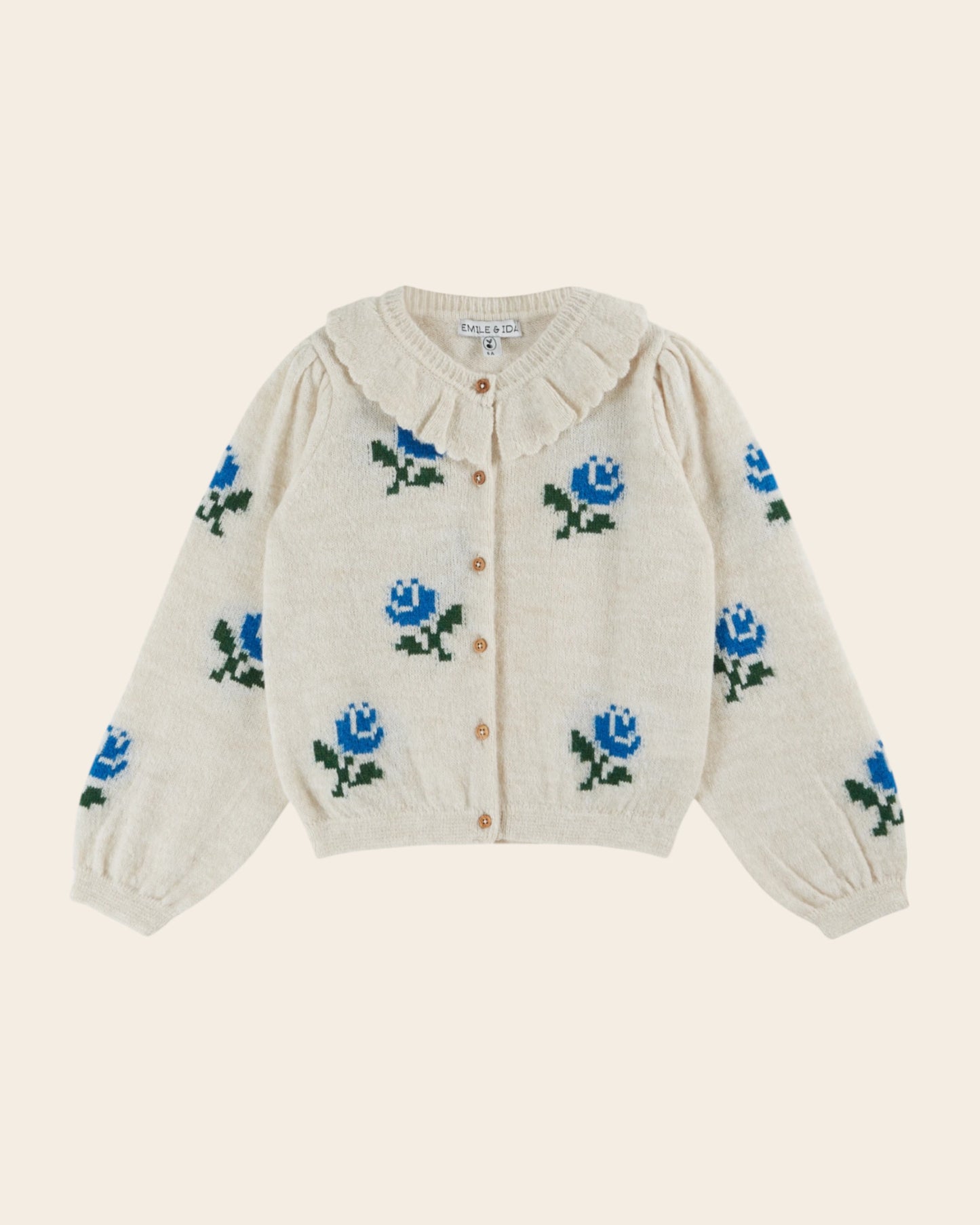 Cardigan col volanté fleurs écru