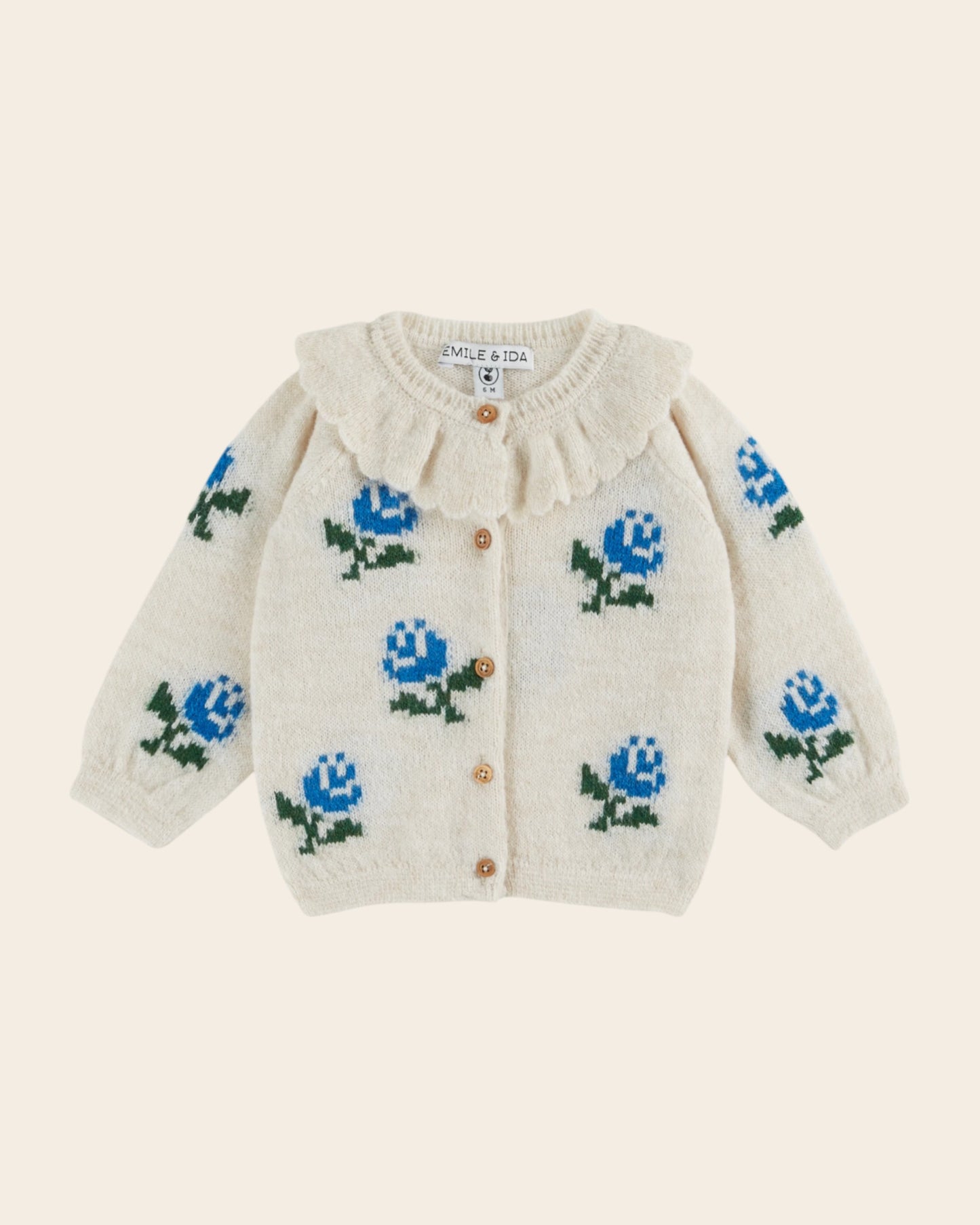 Cardigan col volanté fleurs écru